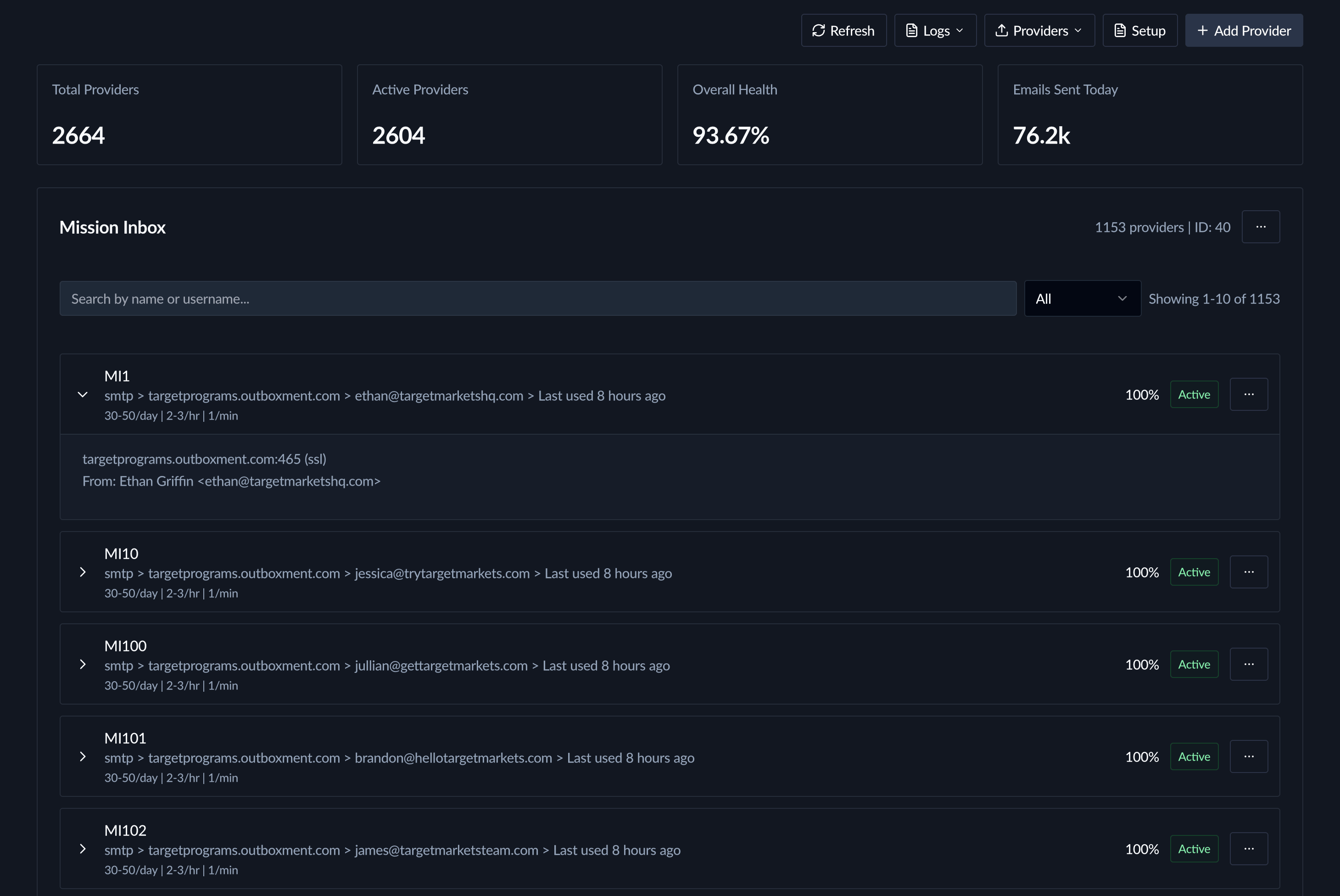Spotzee Email SMTP Proxy dashboard showing mailbox management