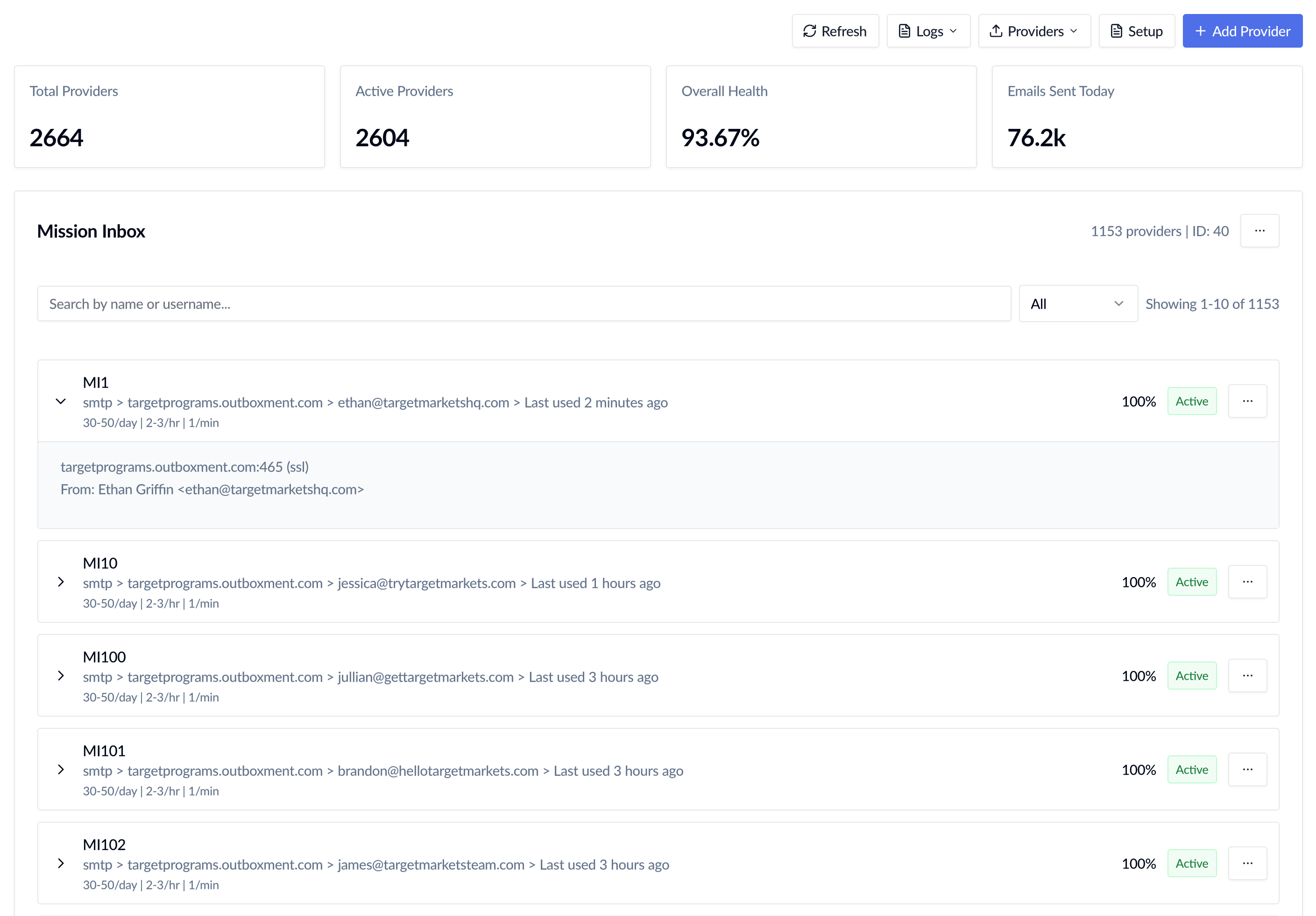 Spotzee Email SMTP Proxy dashboard showing mailbox management